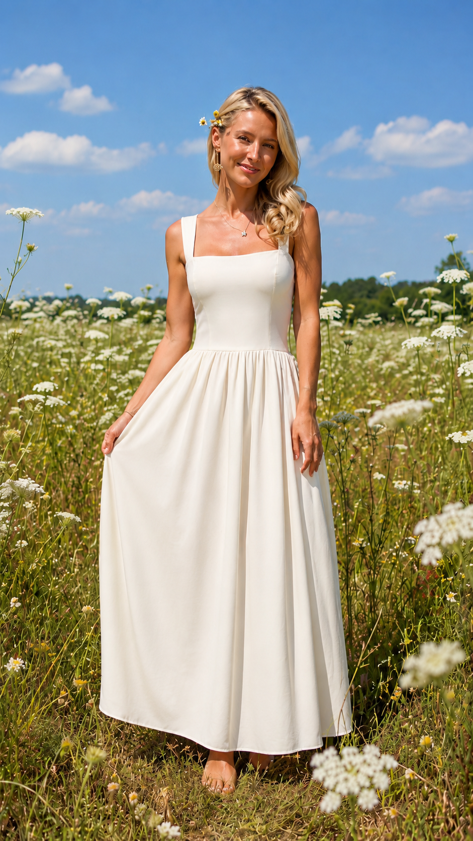 Ivory square neck sleeveless maxi dress front view