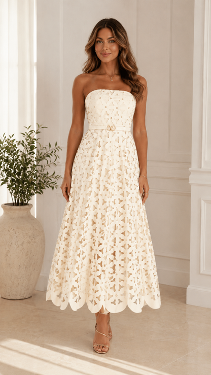 Front view of ivory strapless cutout lace midi dress
