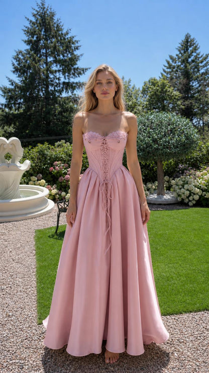 Front view of pink corset maxi dress
