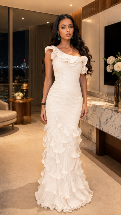 Front view of ivory one-shoulder maxi gown with fitted bodice and layered ruffles