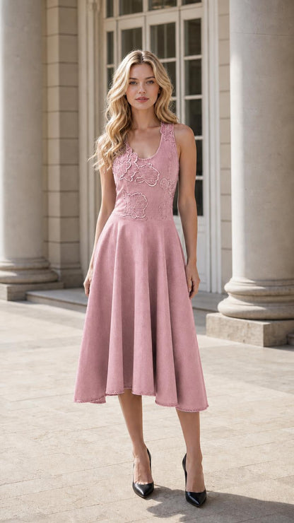 Model wearing pink sleeveless floral applique midi dress