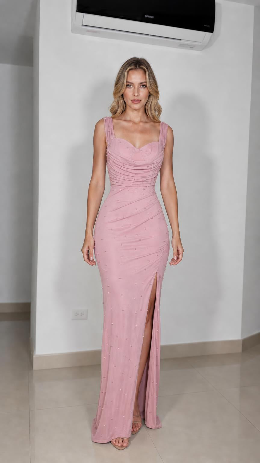 Model wearing Dusty Rose pearl ruched maxi dress