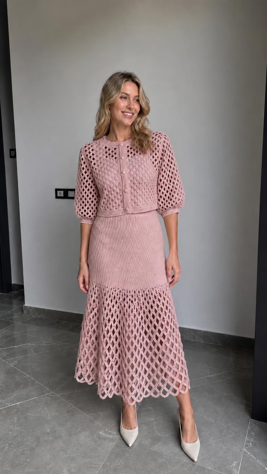 Full-body view of model wearing the pink colorway set
