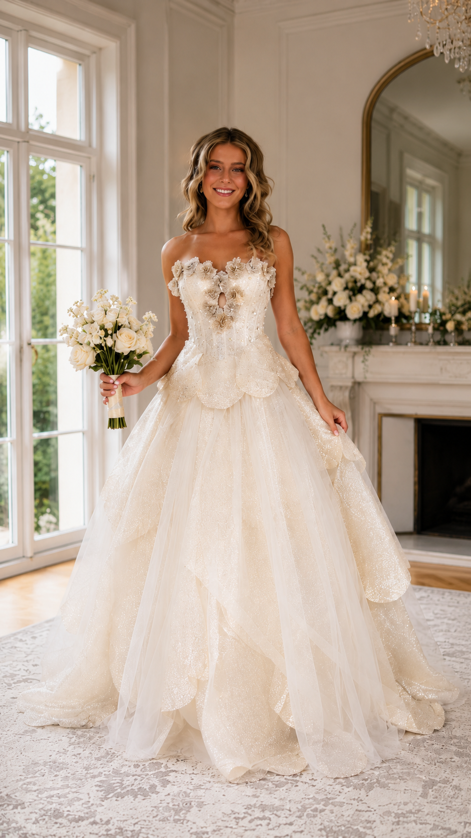Front view of champagne strapless glitter tulle ball gown with ornate bodice