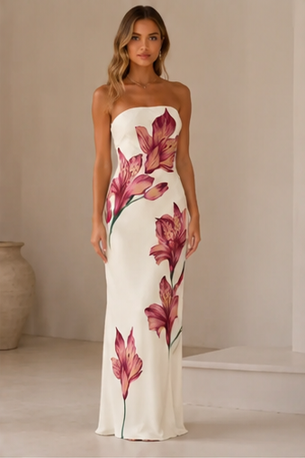 Ivory strapless floral print maxi dress front view
