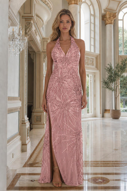 Front view of pink beaded halter evening gown