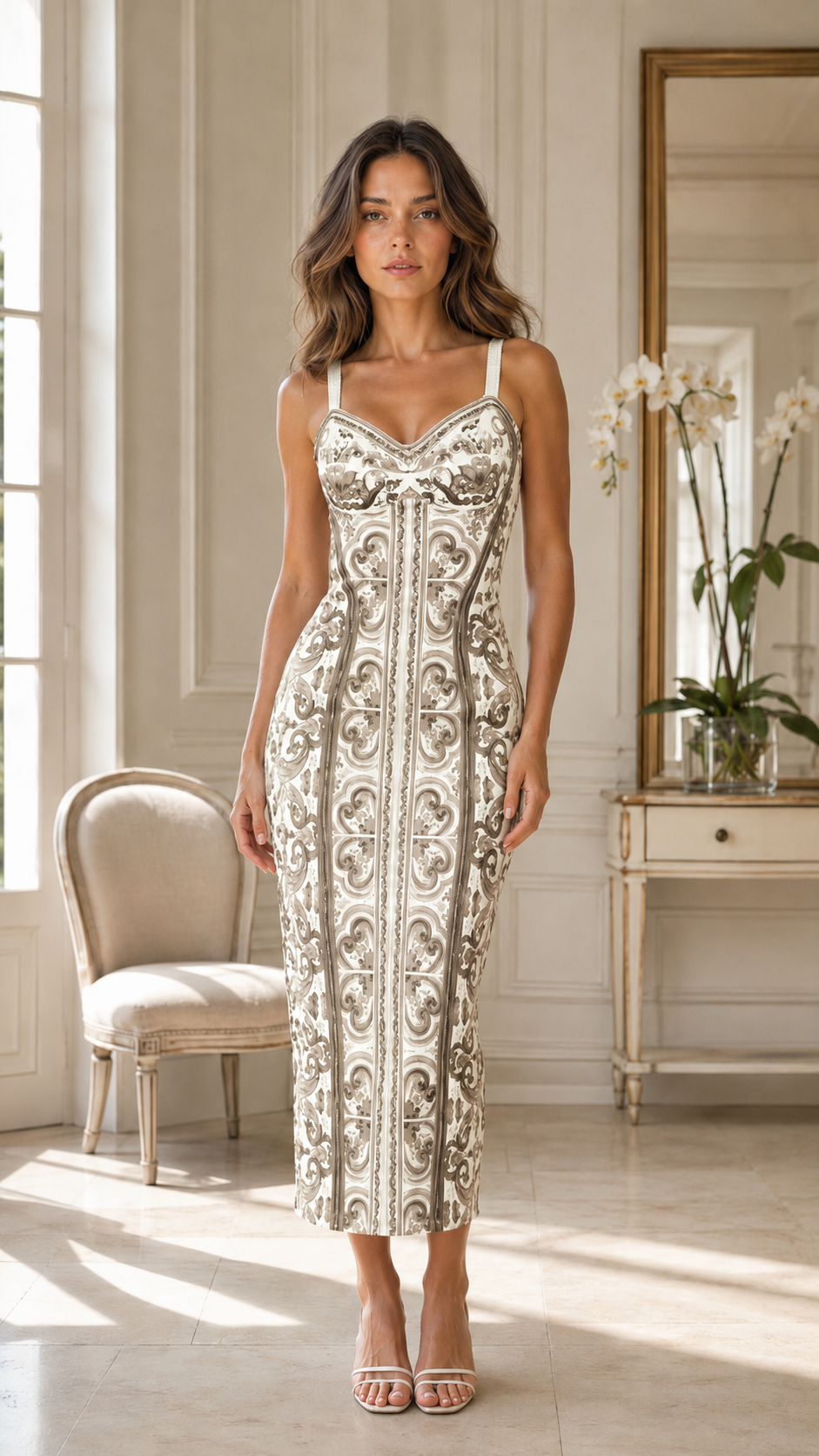 Front view of champagne printed fitted midi dress