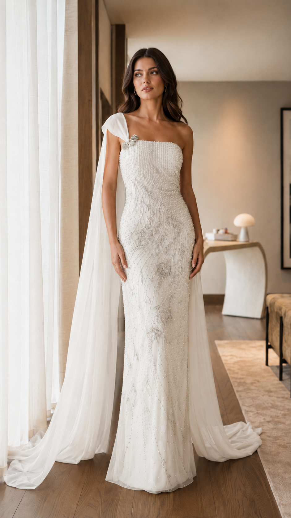 Front view of ivory one-shoulder formal gown with sheer cape and fitted silhouette