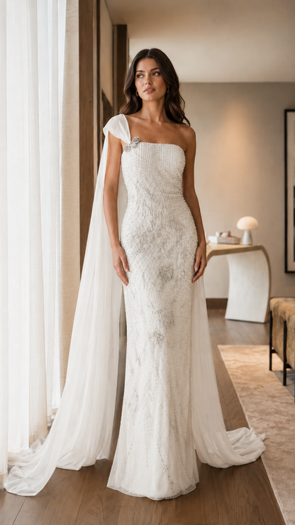 Front view of ivory one-shoulder formal gown with sheer cape and fitted silhouette