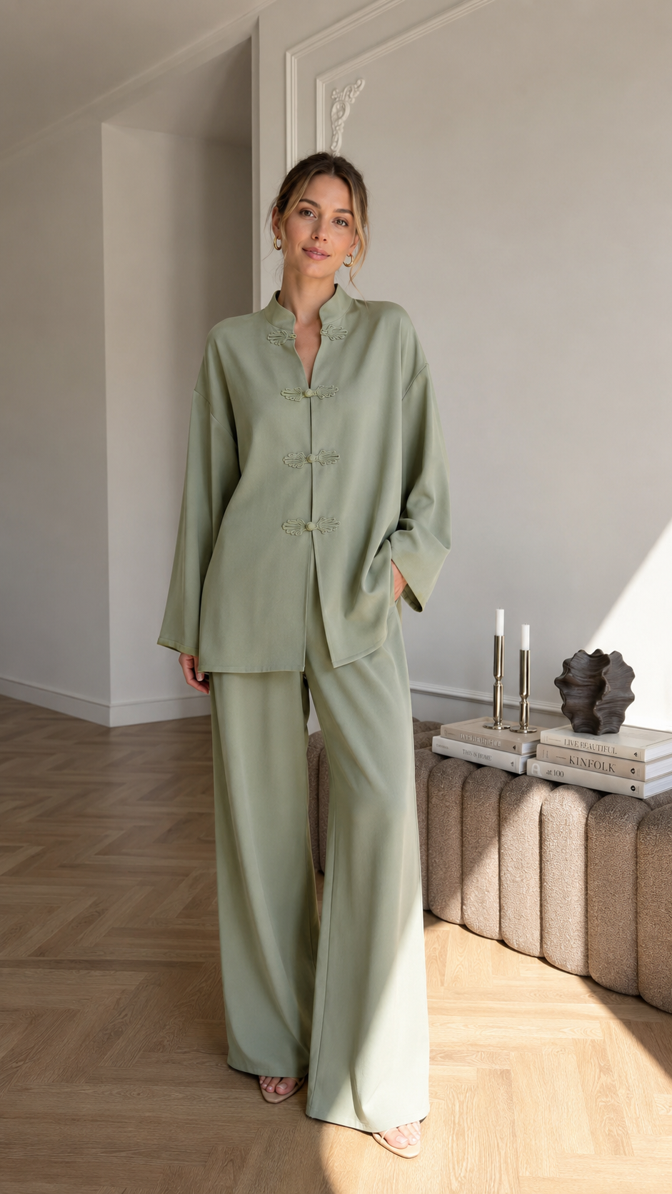 Women's sage green mandarin collar two-piece lounge set with wide leg pants
