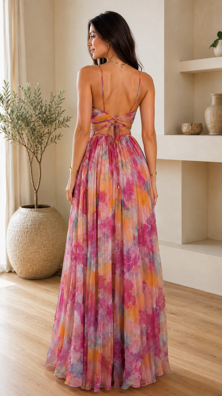 Back view of sunset pink watercolor maxi dress showing strappy back and cutout waist