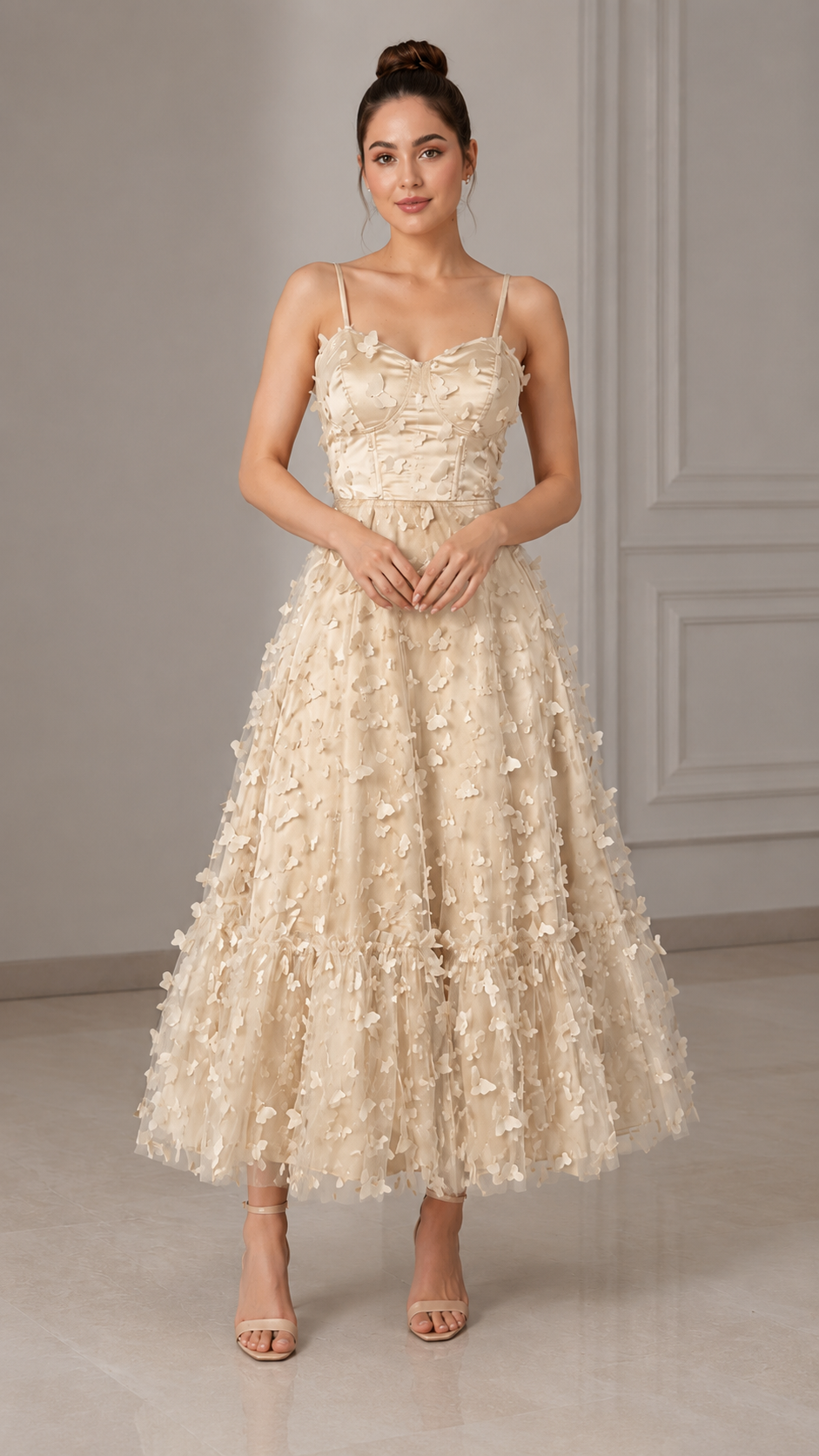 Champagne 3D floral cami midi dress front view