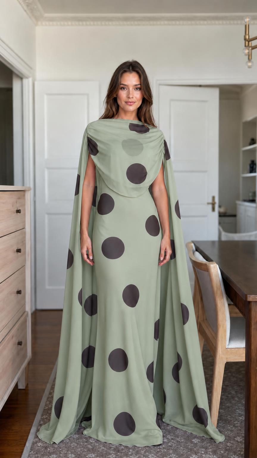 Sage green polka dot cape maxi dress front view