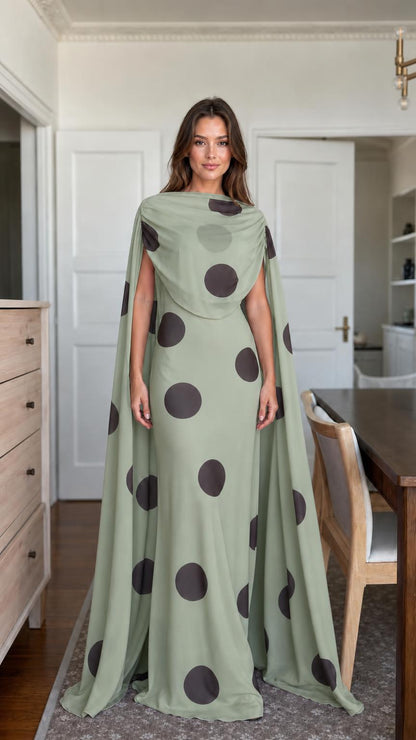 Sage green polka dot cape maxi dress front view