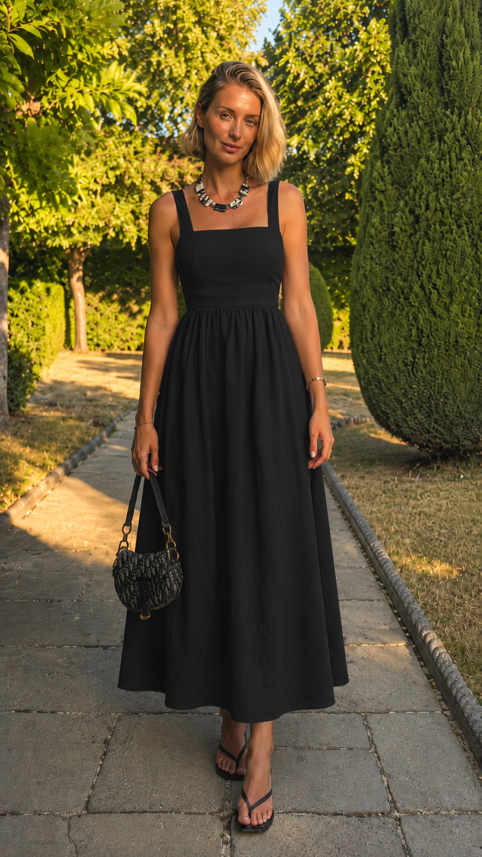 Woman wearing a black square neck sleeveless midi dress with midi length skirt