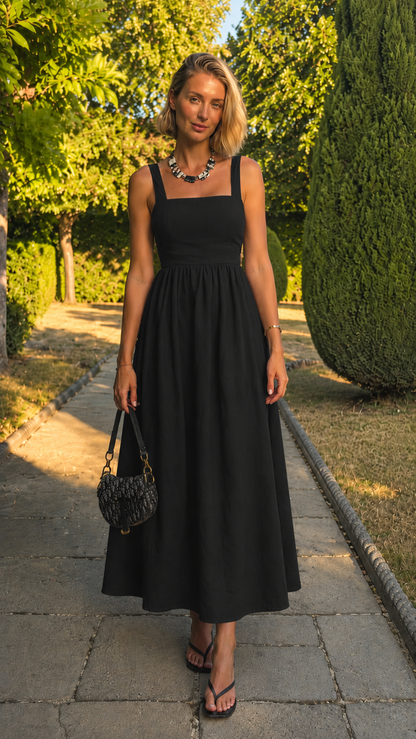 Woman wearing a black square neck sleeveless midi dress with midi length skirt