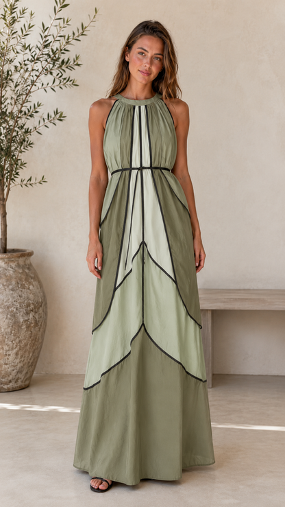 Front view of sage green halter maxi dress with black contrast trim