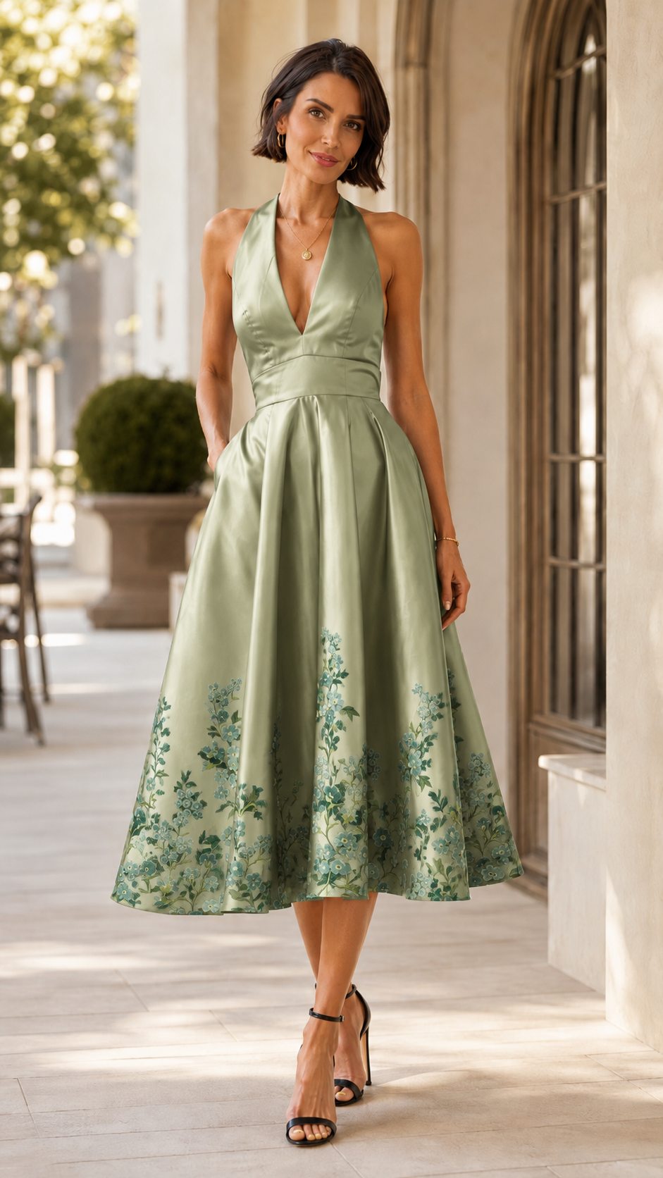 Front view of sage green halter midi dress with floral hem print
