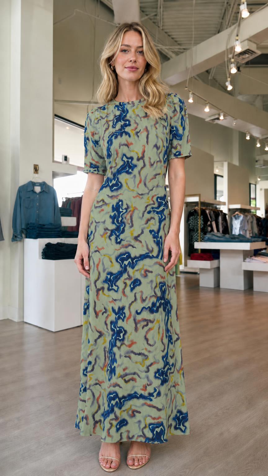 Front view of model wearing sage abstract print maxi dress