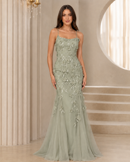 Front view of sage green floral appliqué fitted mermaid maxi dress