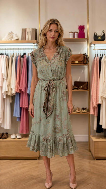 Model wearing sage green floral print midi dress