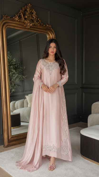 Front view of blush pink embroidered occasion kaftan dress with ornate neckline detail