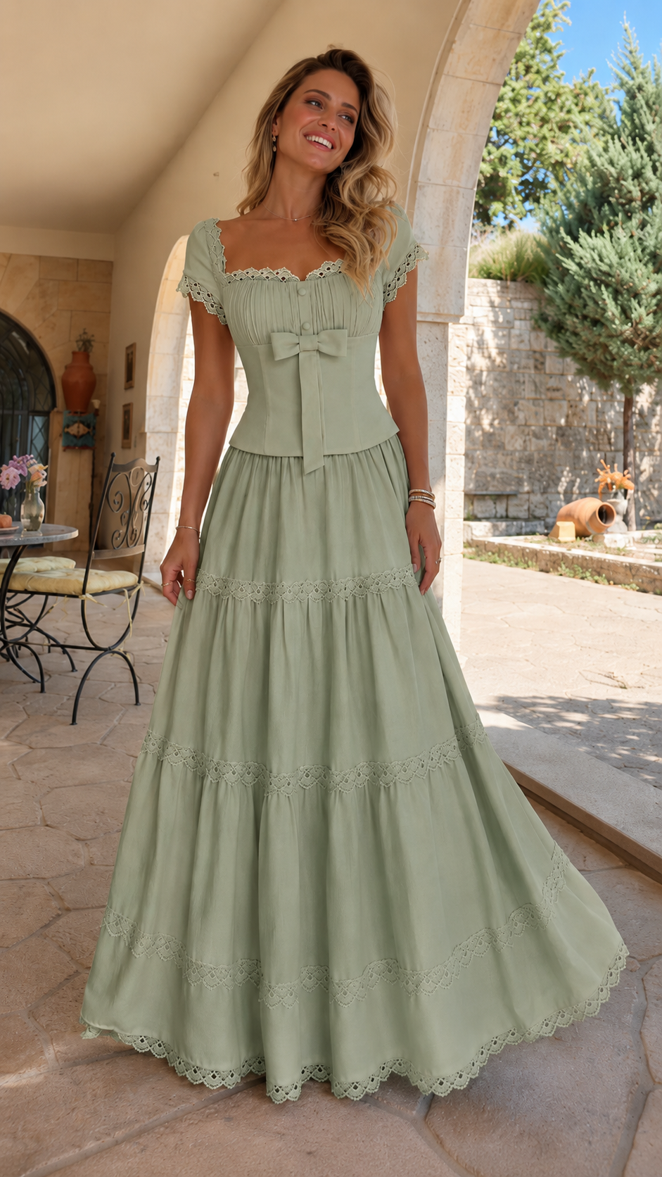 Front view of sage lace trim bow front tiered maxi dress