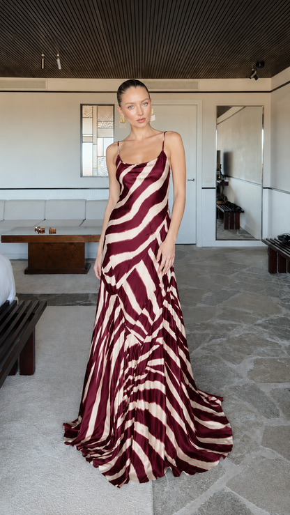 Front view of burgundy zebra print satin-look slip maxi dress
