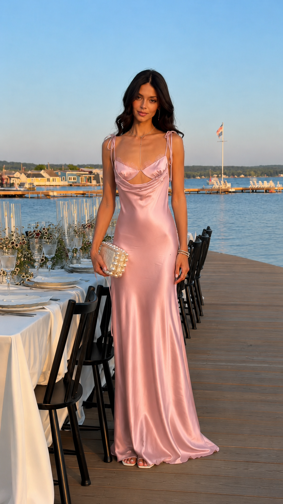 Front view of blush pink satin-look evening maxi dress with tie straps