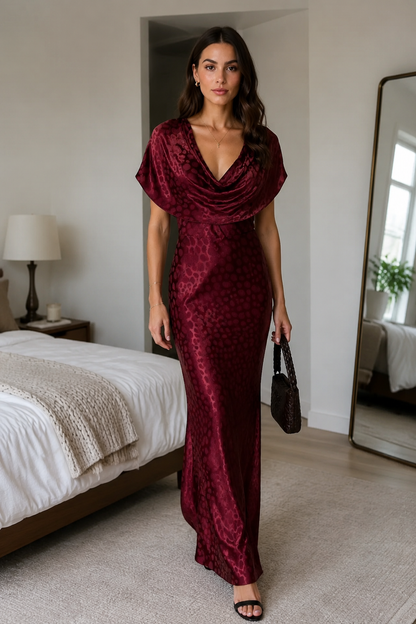 Front view of burgundy cowl neck formal maxi dress with cap sleeves