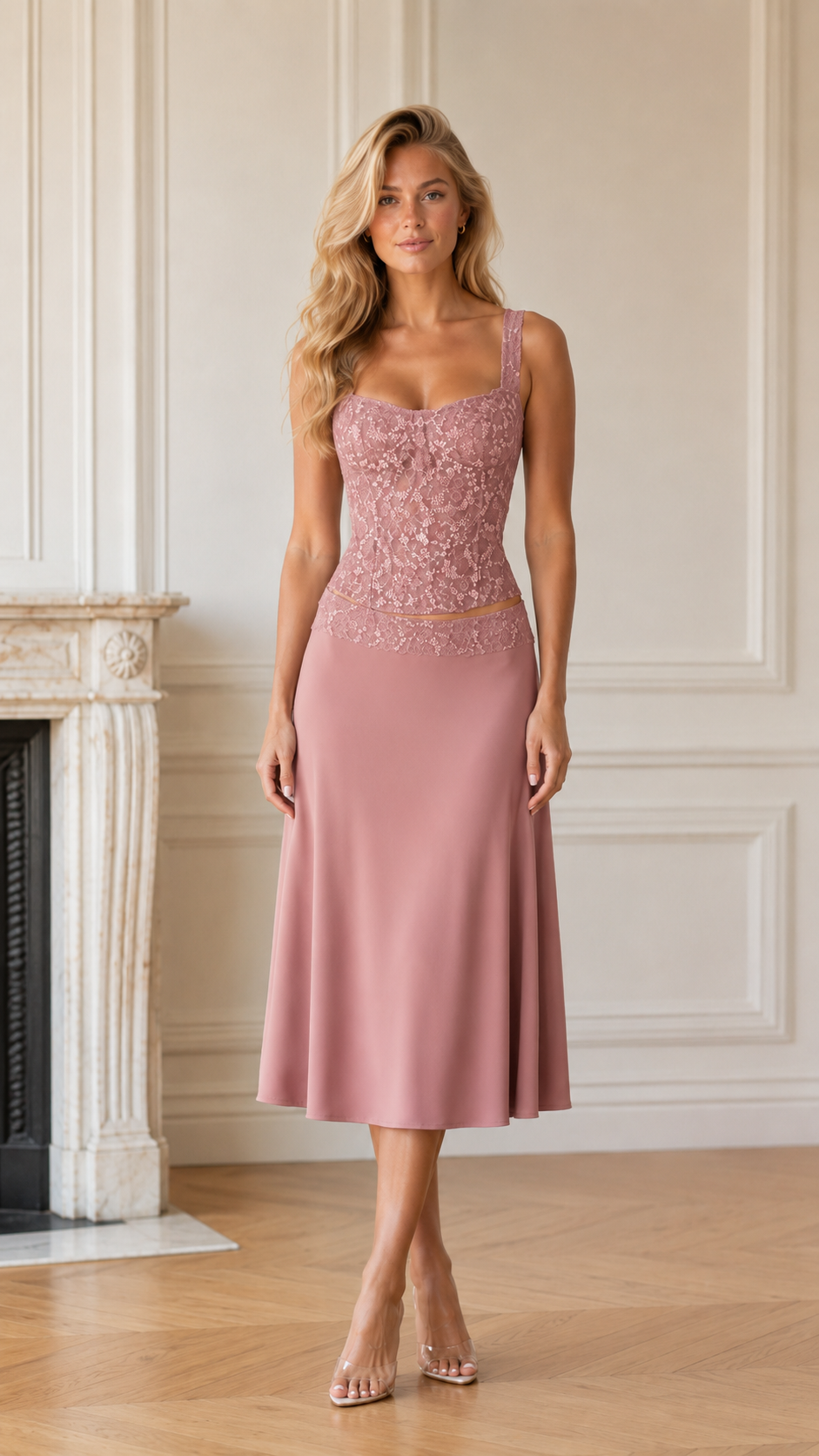 Front view of dusty rose lace bodice midi dress with flowing midi skirt