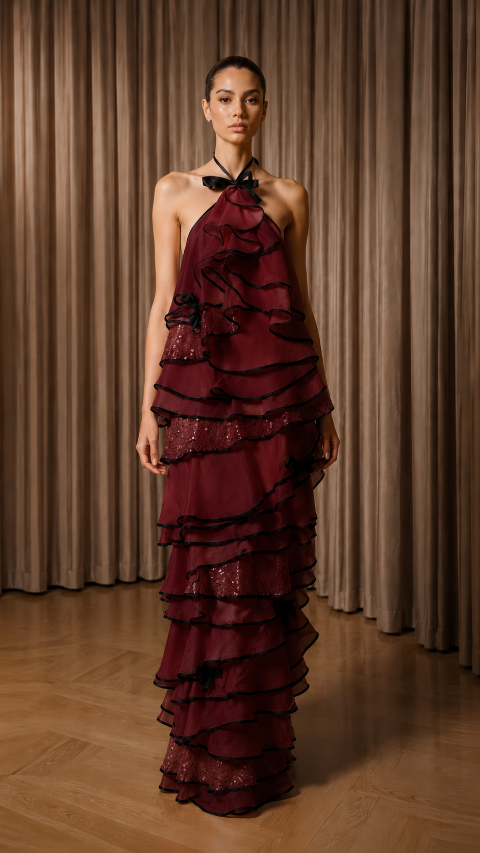 Front view of burgundy tiered ruffle maxi dress with halter neckline