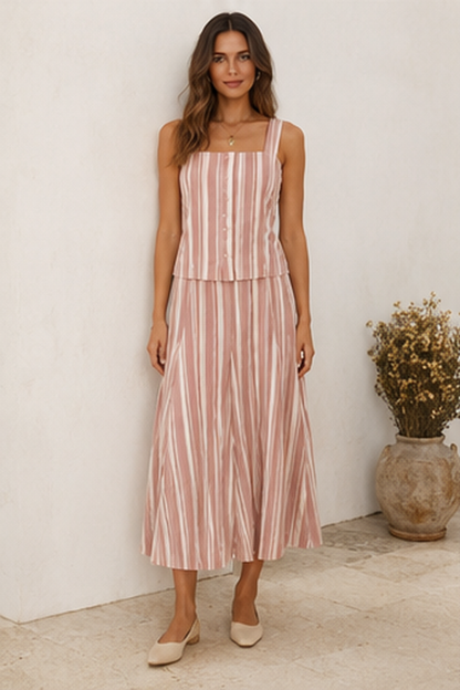 Dusty pink striped sleeveless top and wide-leg pants matching set