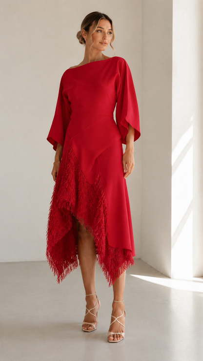 Red asymmetric fringe hem dress with elegant draped sleeve