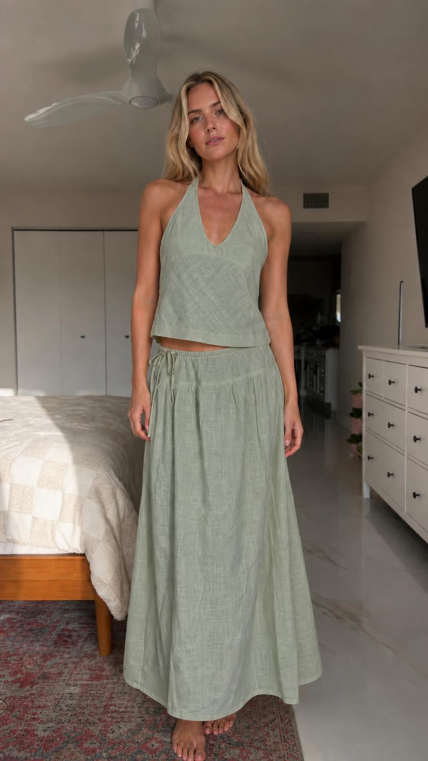 Front view of sage green two-piece set