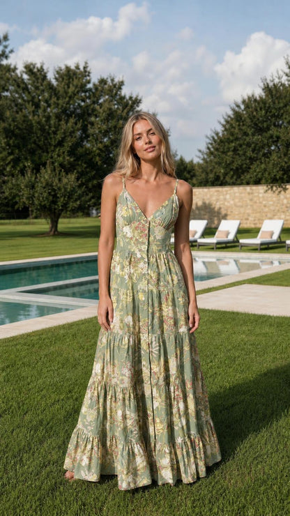 Model wearing sage green floral print maxi dress