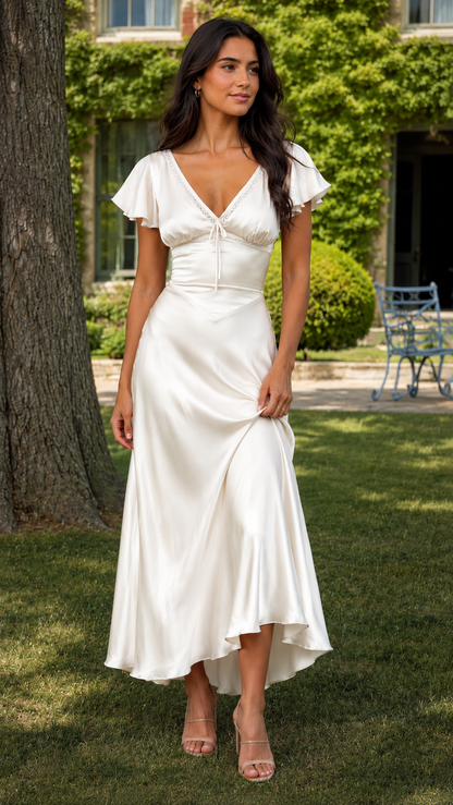 Ivory satin-style midi dress with flutter sleeves and soft drape front view