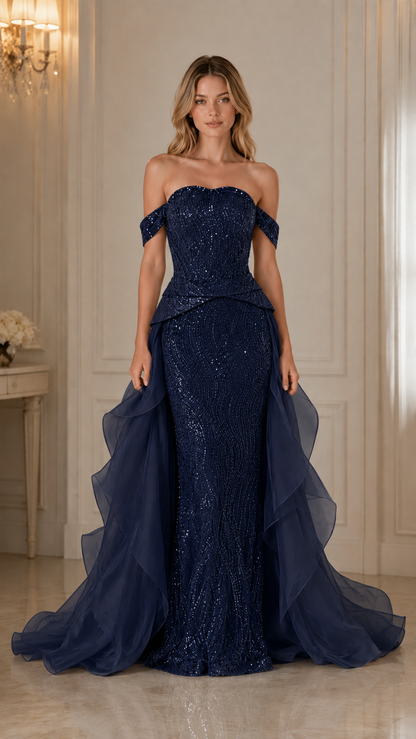 Front view of navy off shoulder sequin formal gown with flowing side ruffles