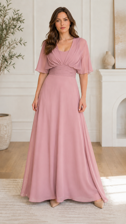 Front view of dusty pink flowing maxi dress with flutter sleeves