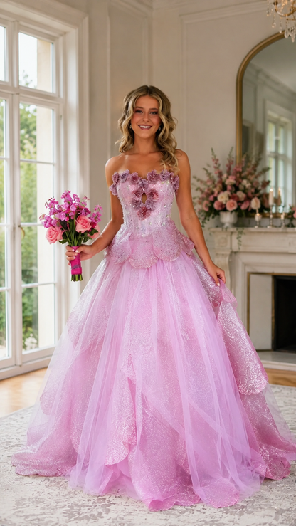Front full-length view of blush pink strapless formal gown with layered skirt