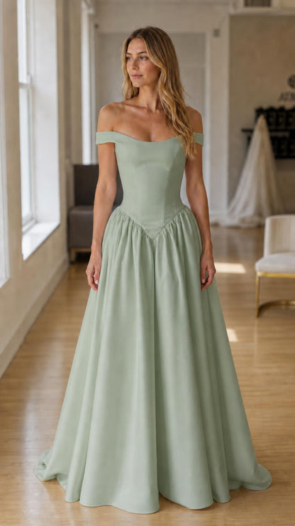 Front view of sage green formal gown