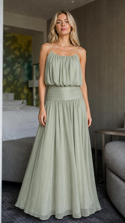 Front view of sage green maxi dress