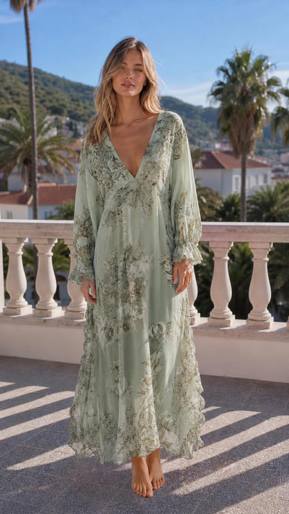 Full length view of sage green floral maxi dress variant