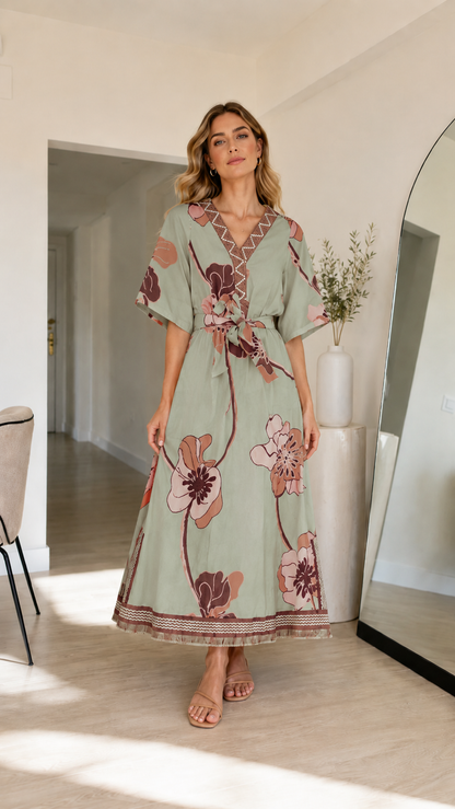 Front view of sage floral maxi dress with self-tie waist and short sleeves