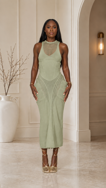 Sage green sleeveless bodycon midi dress with sheer neckline front view