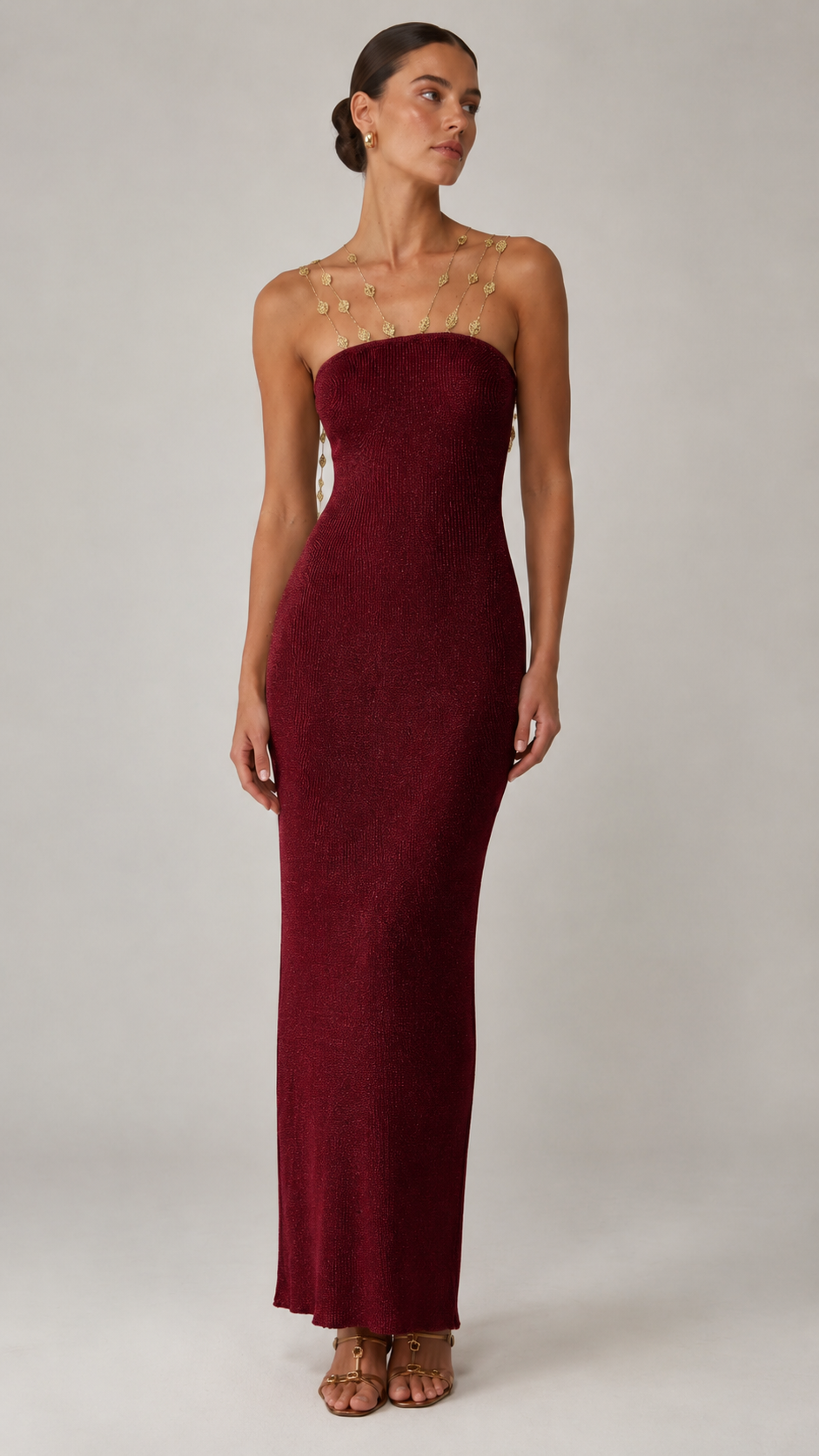 Front view of burgundy beaded strap bodycon maxi dress