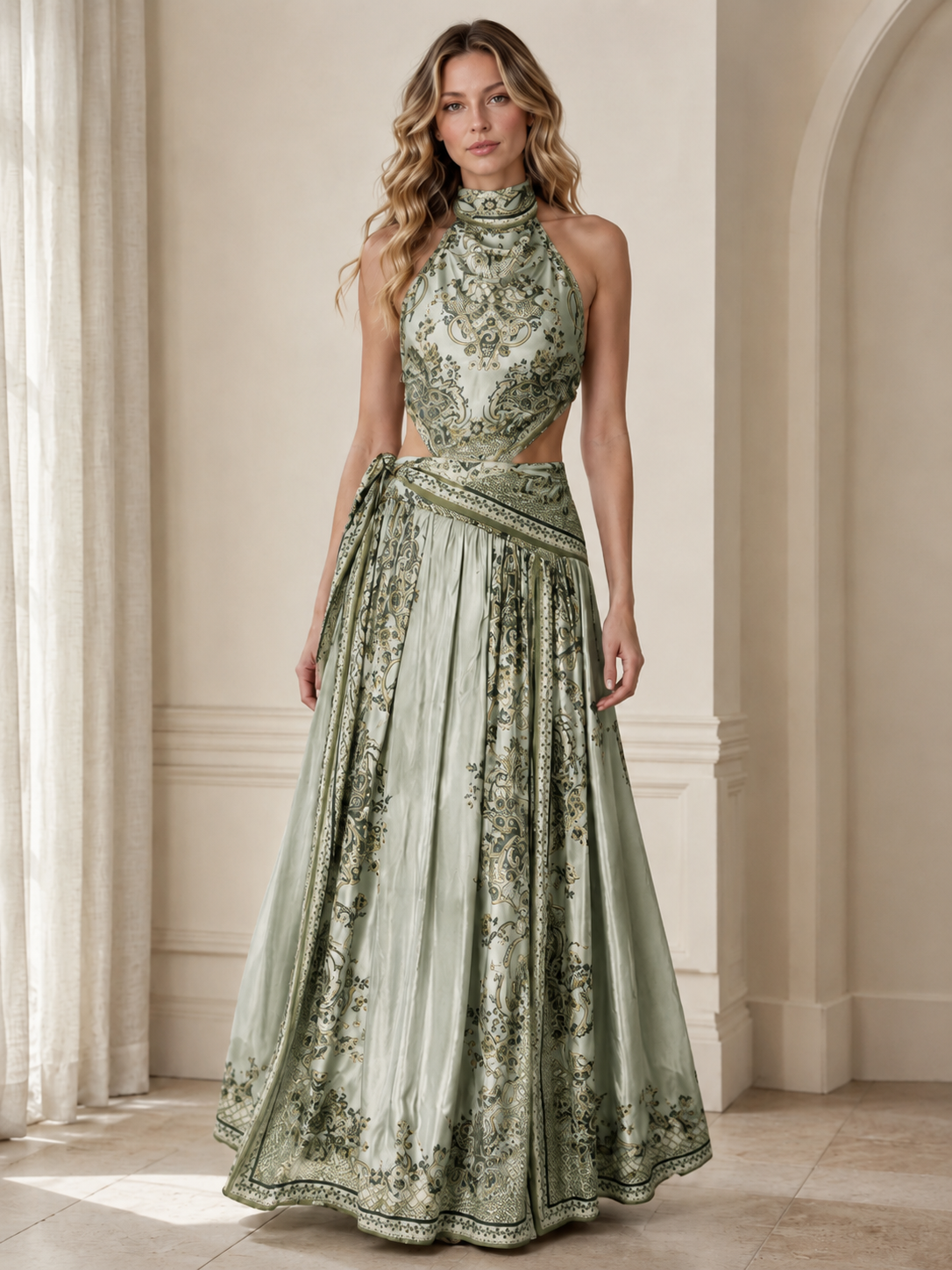 Front view of sage green halter maxi dress with ornate print and wrap waist sash