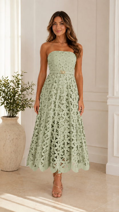 Front view of sage strapless cutout lace midi dress