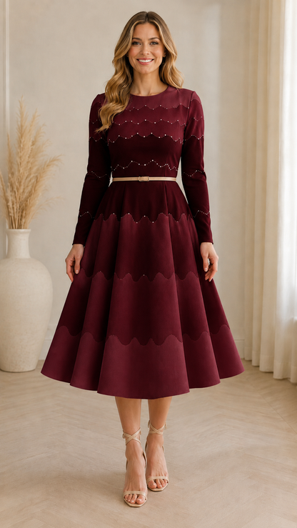 Front view of burgundy scalloped colorblock long sleeve midi dress