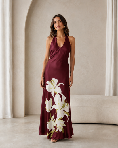 Burgundy halter maxi dress with oversized white floral print